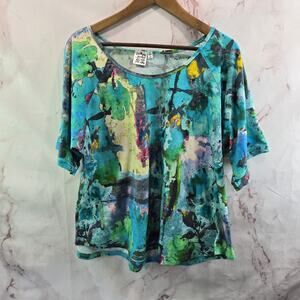 Parsley & Sage Shirt Womens Large Blue Green Artsy Art To Wear Scoop Short